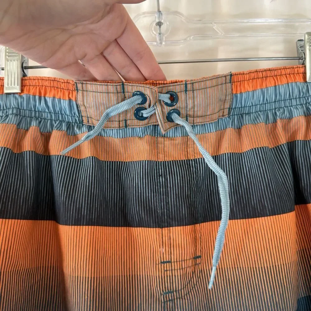 Nike Swim Trunks Men's XXL Orange Blue Striped Drawstring Lined Pockets Elastic